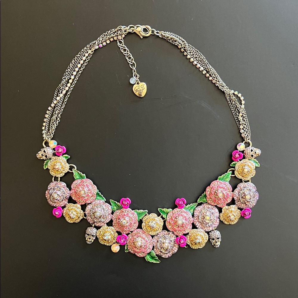 Vintage Floral Statement Necklace with Pink and Gold Accents Excellent Cond
